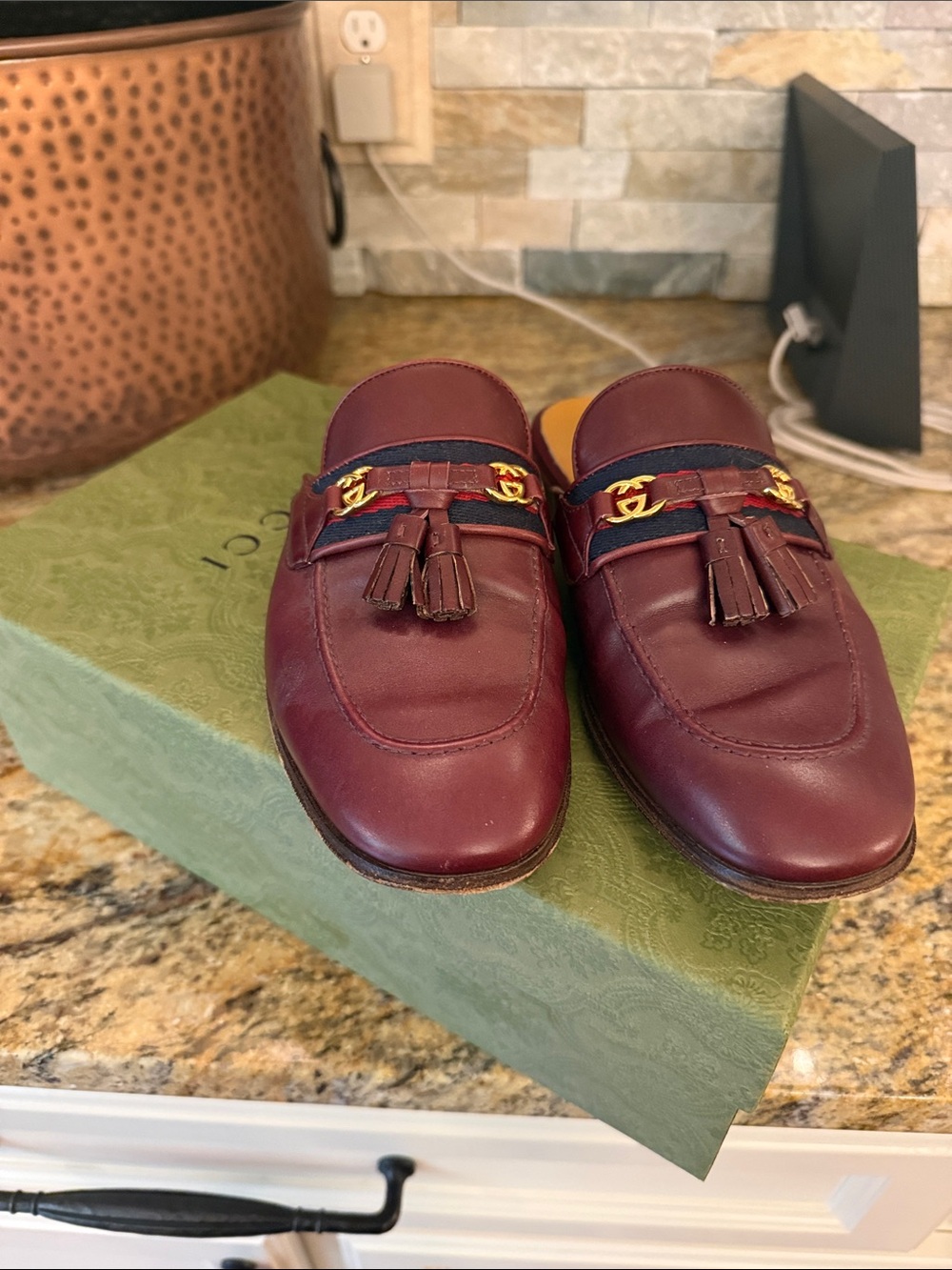 Gucci Women's Burgundy Tassel Loafers with Web Detail